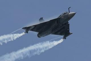 Tejas Mk-1 jet with water vapors on wings and wing tips. (Pic via X @officialTatya_1)