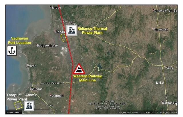 Vadhvan Port  w.r.t. Rail line, NH-8 and Power plants (JNPA)