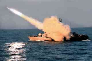Indian Navy missile boats firing missile. (Pic via X @DefPROMumbai)