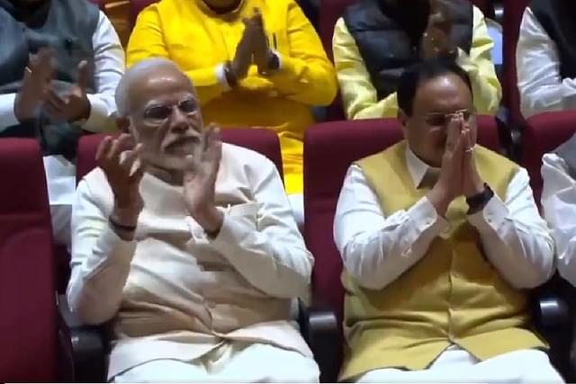 PM Narendra Modi with BJP national president JP Nadda at parliamentary party meeting on 7 December 2023