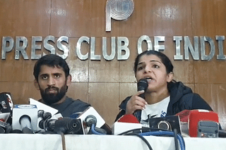 Wrestlers Bajrang Punia and Sakshi Malik during a press conference (Pic Via Twitter)