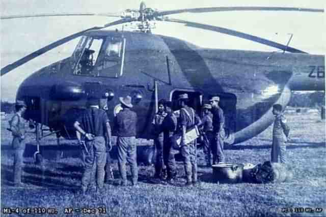 Indian Army troops loading IAF's Mi-4 helicopters who was the workhorse of the heli-lift operations in the 1971 war. (Pic via X @IAF_MCC)