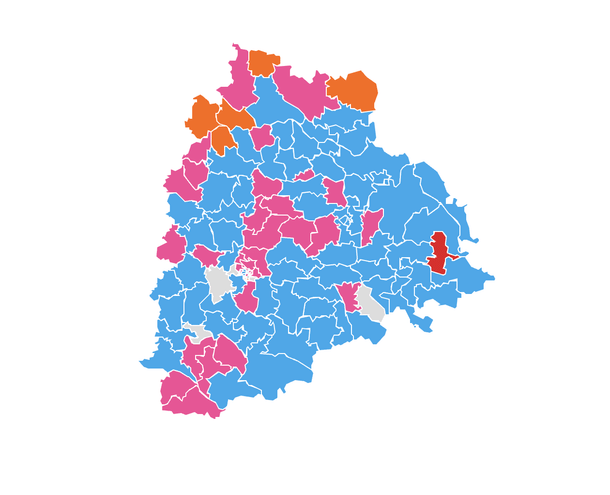 Telangana election map - (BJP (Saffron), Congress (Sky Blue), BRS (Pink)