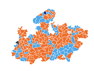 Madhya Pradesh election map - (BJP (Saffron), Congress (Sky Blue), BSP (Blue) and others (Green))