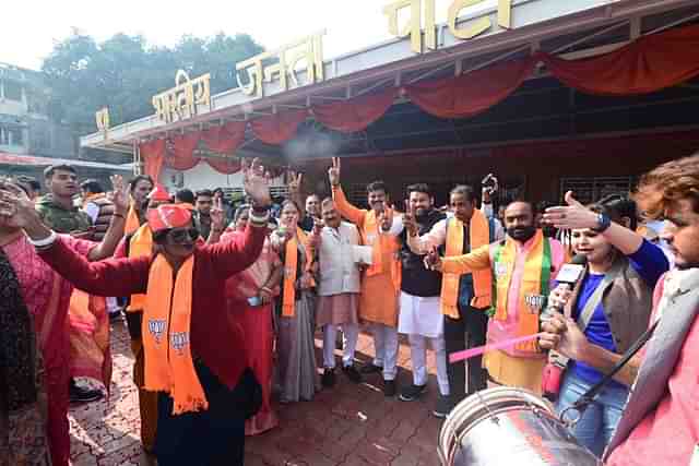 BJP members celebrating in Bhopal, Madhya Pradesh, after the election win.