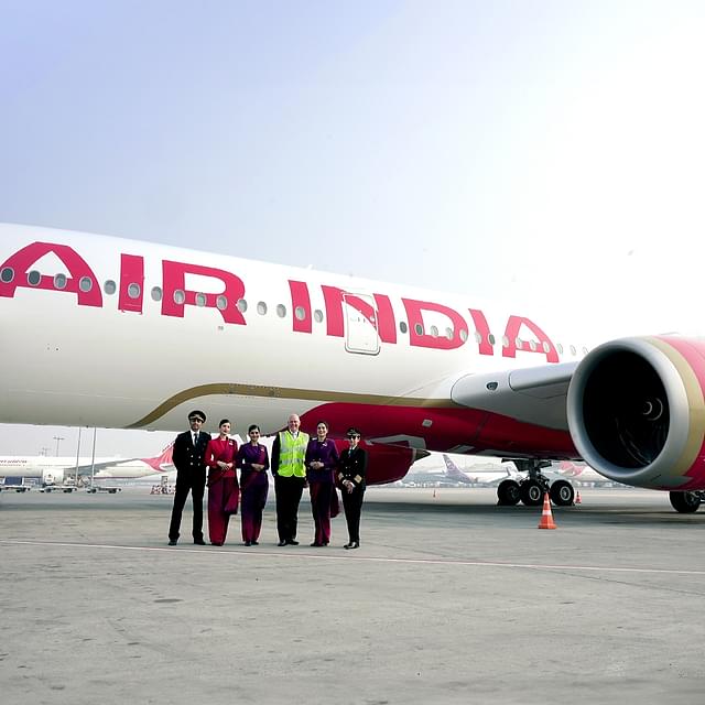 Air India CEO and Managing Director Campbell Wilson along with cabin crew and cockpit crew welcomes Air India’s first Airbus A350-900 (VT-JRA) that touched down at Delhi Airport in New Delhi on Saturday