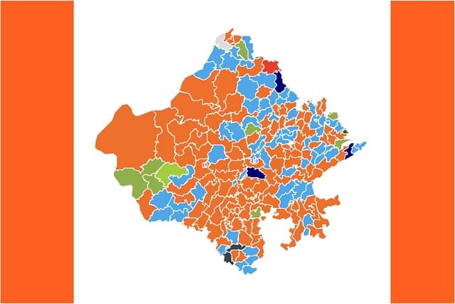 Results of Rajasthan assembly election, mapped constituency-wise. Orange-BJP; blue-Congress; dark blue-BSP; green-Independent and Others. 