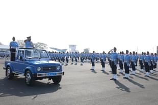 First batch of female Agniveervayu (women) soldiers in the passing out parade at Airmen Training School Belgavi. (Pic via X @tracomiaf)