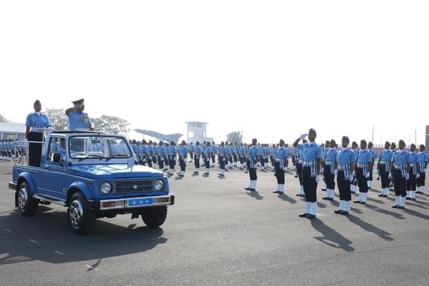 First batch of female Agniveervayu (women) soldiers in the passing out parade at Airmen Training School Belgavi. (Pic via X @tracomiaf)