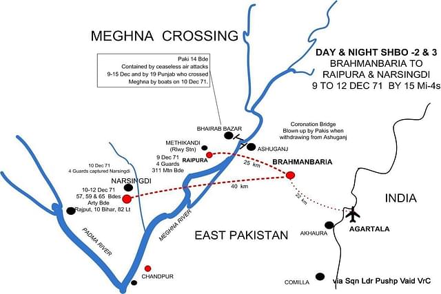 Map of the crossing of Meghna from Brahmanbaria to Narsingdi of a major part of 4 Corps, just hours after the completion of heli-lift of 4 Guards. (Image via Bharat Rakshak)