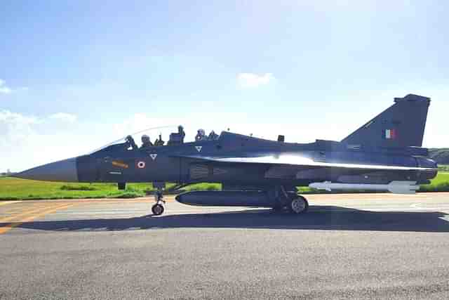 Side view of Tejas Mk-1A series production trainer aircraft. (Image via X/@livefist)
