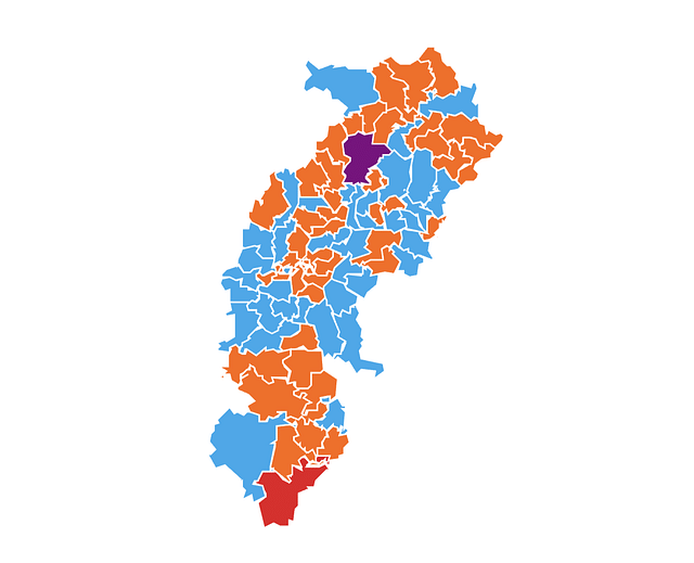Chhattisgarh election map - (BJP (Saffron), Congress (Sky Blue), GGP (Purple) and  CPI (Red))