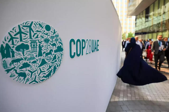 A COP28 sign at the Expo City during the United Nations climate summit in Dubai.