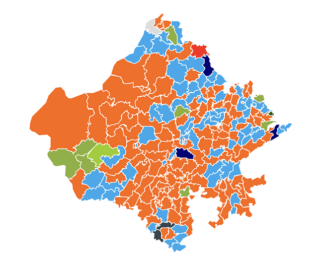 Rajasthan Election Map - (BJP (Saffron), Congress (Sky Blue), BSP (Blue) and others (Green))