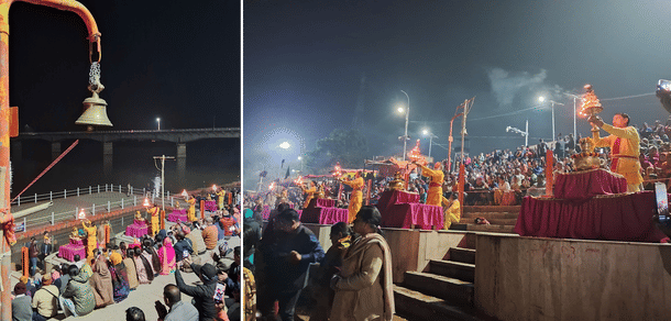 Devotees gather to experience the Saryu aarti at Naya Ghat.