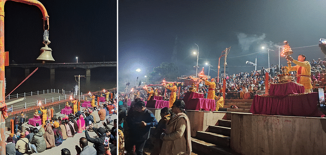 Devotees gather to experience the Saryu aarti at Naya Ghat. 