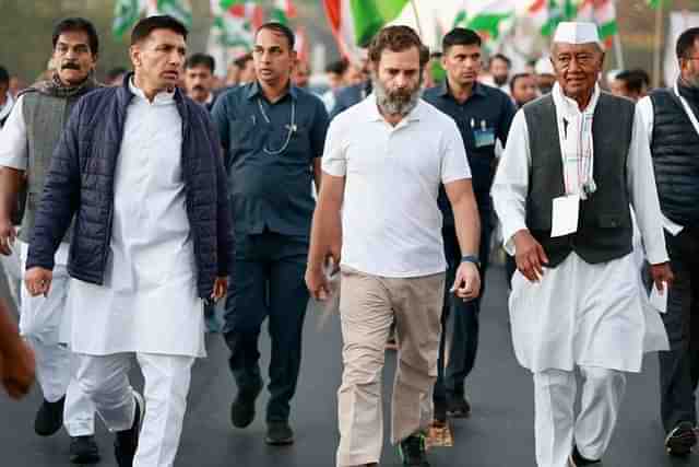 Now-Madhya Pradesh Congress president Jitendra (Jitu) Patwari with Congress leader Rahul Gandhi during the Bharat Jodo Yatra (Photo: Bindeshwari Kumar/X)