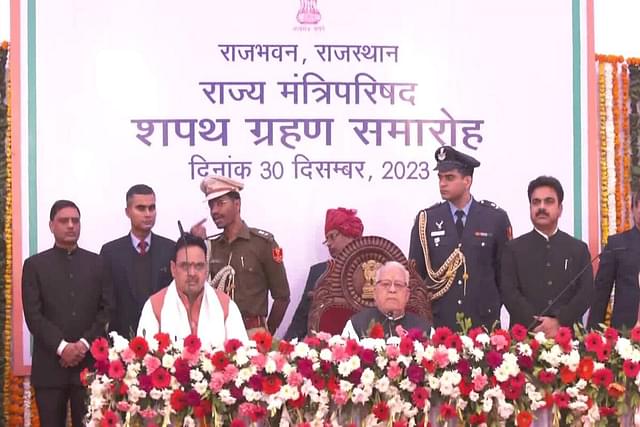 Chief Minister Bhajan Lal Sharma, with Governor Kalraj Mishra at the oath taking ceremony.