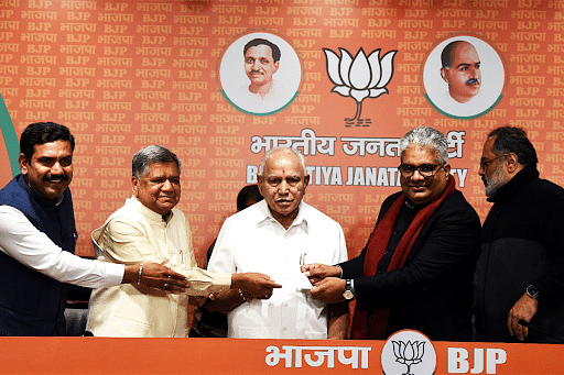 Second from left: Jagadish Shettar is welcomed back to the BJP in New Delhi.