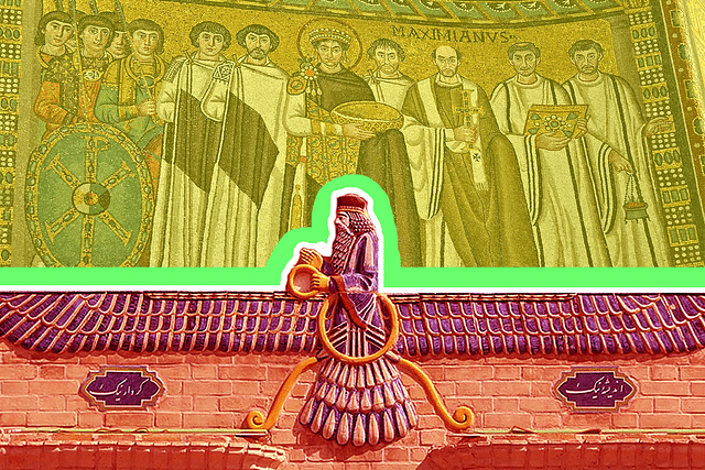 Above: A 6th century CE mosaic depicting Emperor Justinian and his court in the Basilica of San Vitale in Ravenna.

Below: Faravahar symbol on Fire Temple of Yazd, Iran. 