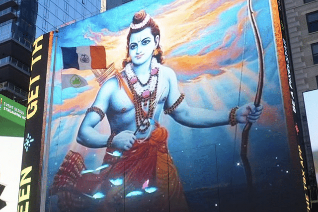 Image of Bhagwan Shri Ram on digital billboard at Times Square in New York, US.