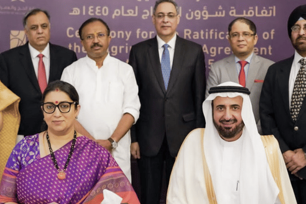 Union Ministers Smirit Irani and V Muraleedharan with Saudi Arabia's Haj Minister