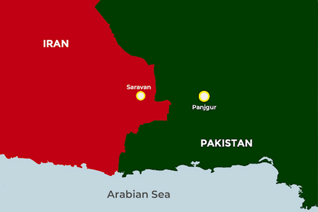Map illustrating districts in Iran and Pakistan where the strikes were conducted.