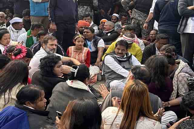 Rahul Gandhi protesting after being denied entry at Bordowa Than. Source: X