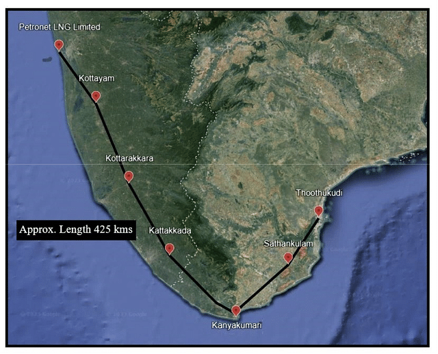 Tentative Route Map For Proposed Kochi--Kanyakumari-Thoothukudi Natural Gas Pipeline
