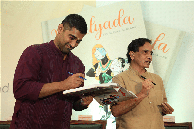 Jeysundhar and Keshav at the book launch event of 'Maalyada: The Sacred Garland'.