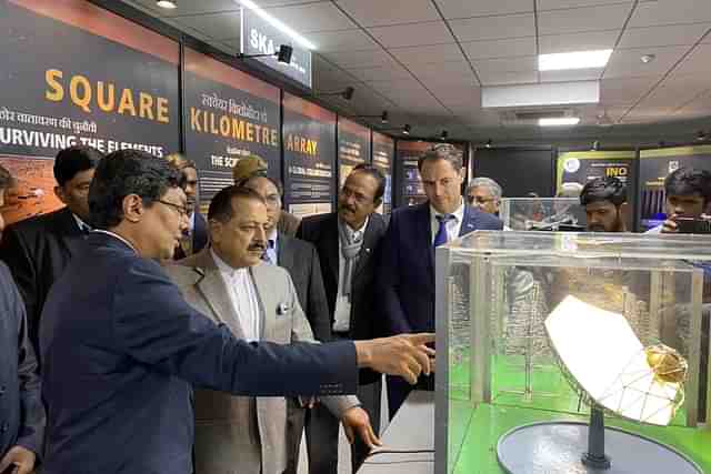 The SKAO booth at the Vigyan Samagam mega-science exhibition in India; the group is looking at models of the SKA telescopes (Photo: SKA Observatory/India)