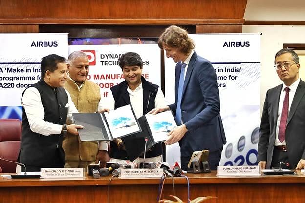 Bengaluru-based Dynamatic Technologies and Airbus signed an agreement to make all door variants for the French planemaker’s A220 planes in presence of Union civil aviation minister Jyotiraditya Scindia (Twitter/@PIB_India)