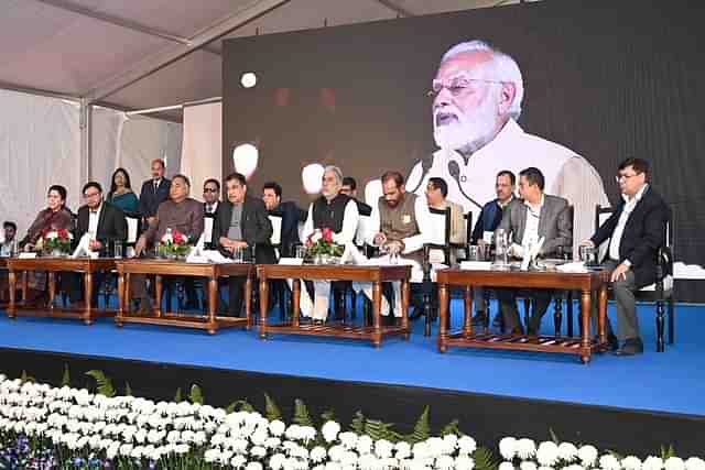 Road Transport and Highways Minister Nitin Gadkari and other officials on the stage after the inspection.