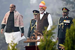 Prime Minister Narendra Modi with Defence Minister Rajnath Singh, CDS Lt General Anil Chauhan and Army Chief General Manoj Pande.