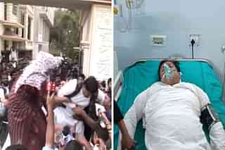 Videograb of a hijab-clad lady grabbing Sukanta Majumdar by his arm and (right) Majumdar in a hospital.