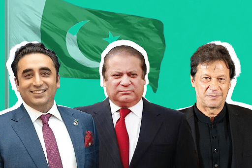 (L-R) Bilawal Bhutto Zardari, Former prime minister Nawaz Sharif and PTI chief Imran Khan.