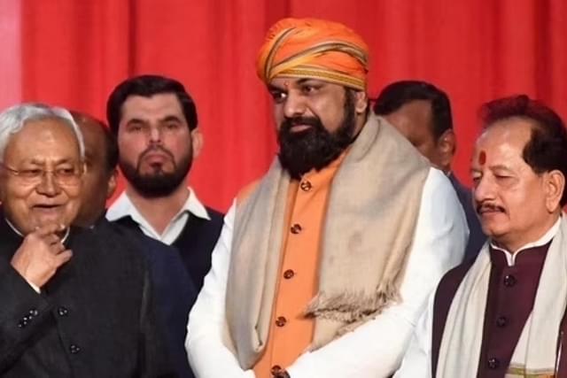 Nitish Kumar (extreme left) with Samrat Chaudhary (in saffron turban) and Vijay Kumar Sinha (right)