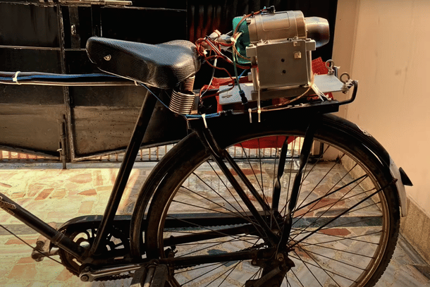 The jet engine strapped to Prateek Dhawan's bicycle, in the intial days.