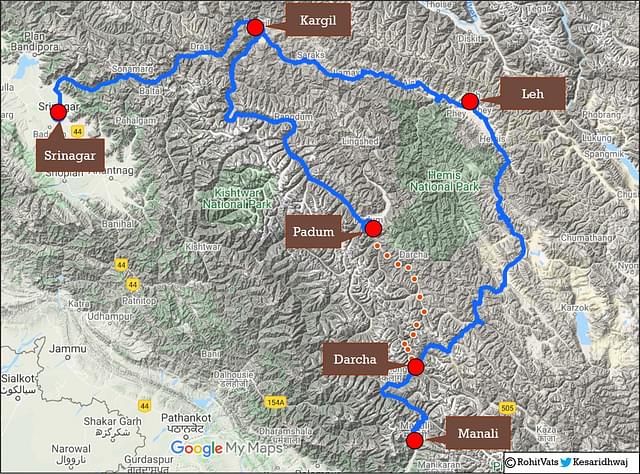 Map depicting the existing two axis [Sringar-Drass-Kargil-Leh and Manali-Leh route] of connectivity to Leh. 
(X/ @KesariDhwaj)