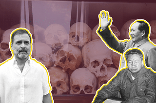 Rahul Gandhi, (left) and Mao-Tse-Tung, Chinese Communist Leader and Pol Pot, Cambodian Communist Leader (on the right). Background: Skulls of the victims of Khmer Rouge in Cambodia. 