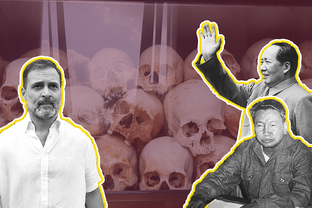Rahul Gandhi, (left) and Mao-Tse-Tung, Chinese Communist Leader and Pol Pot, Cambodian Communist Leader (on the right). Background: Skulls of the victims of Khmer Rouge in Cambodia. 