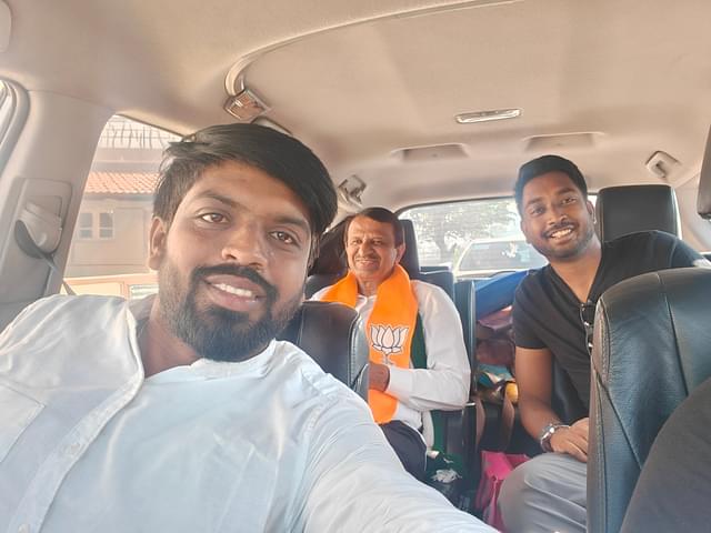 In his campaign vehicle along with Naveen Huliyadurga, an RSS pracharak campaigning for Dr Manjuath.