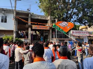Supporters gathered near Chamundeshwari temple in Gayatripuram.