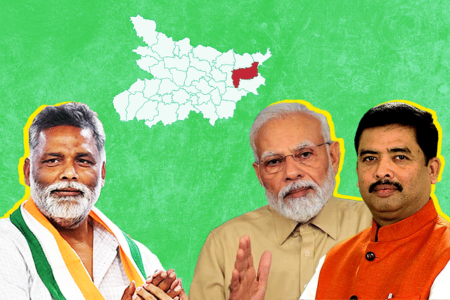 Pappu Yadav (L) and PM Narendra Modi and Santosh Kushwaha on the right.