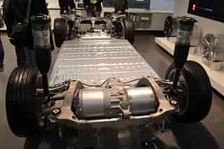 Tesla Model S chassis with powertrain and battery pack.