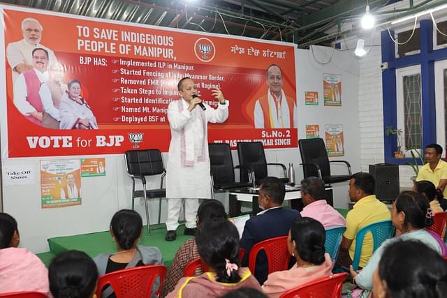 BJP’s Thounaojam Basanta Kumar Singh speaking at a meeting. 