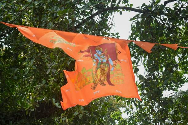 Large flags with images of Shree Ram are common in Naxalbari (Image credit: Sayan Sarkar)