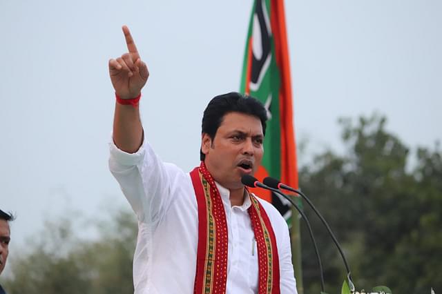 Deb speaking at a BJP rally. 