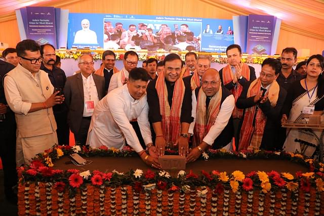 Assam Chief Minister Himanta Biswa Sarma and others at the foundation stone laying ceremony of the semiconductor plant