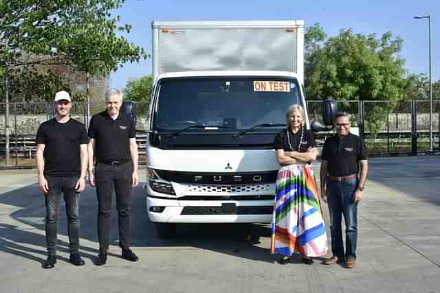 Daimler Global Truck Technology Head Andreas Gorbach, Daimler Truck Asia Head Karl Deppen, Mercedes-Benz Trucks CEO Karin Radstrom with Daimler India Commercial Vehicles Managing Director & CEO Satyakam Arya with the third generation FUSO eCanter in Oragadam.